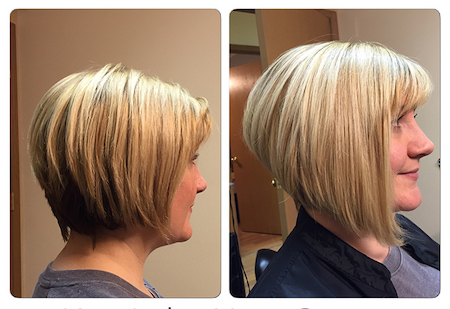 Before and after hair extension pictures to correct short hair into a bob.