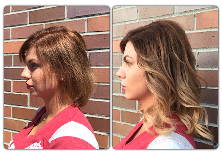 Before and after hair extension pictures on Elana after bad color broke her hair off.